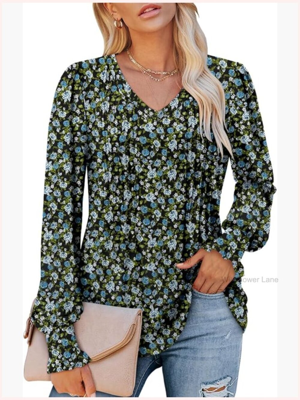 Floral V-Neck Long Sleeve Tunic Blouse Button Down
